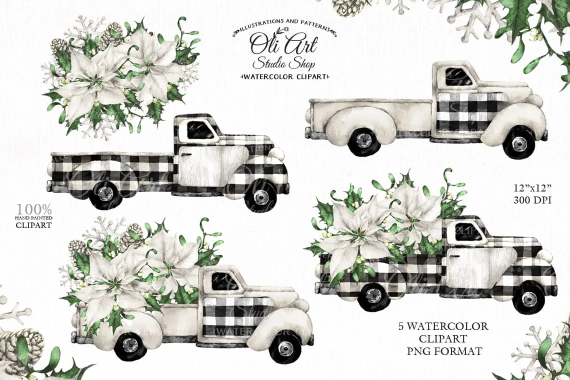 Watercolor Christmas Truck Clipart. Rustic Clip Art Winter Flowers 1 Watercolor Christmas Truck Clipart. Rustic Clip Art Winter Flowers
