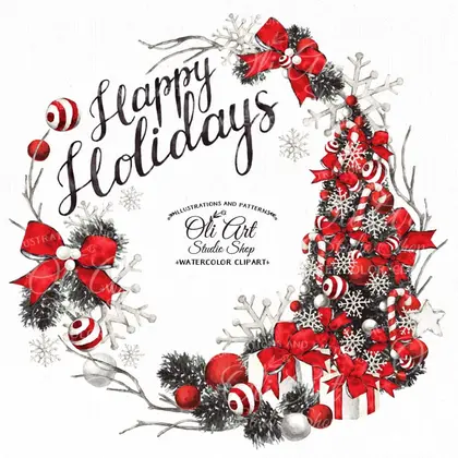 Сhristmas wreath clipart. Happy holidays. Christmas tree.