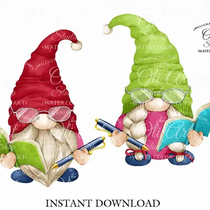 Writer gnome, digital clipart png book lover