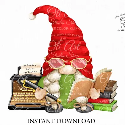 Writer gnome, digital clipart png book lover
