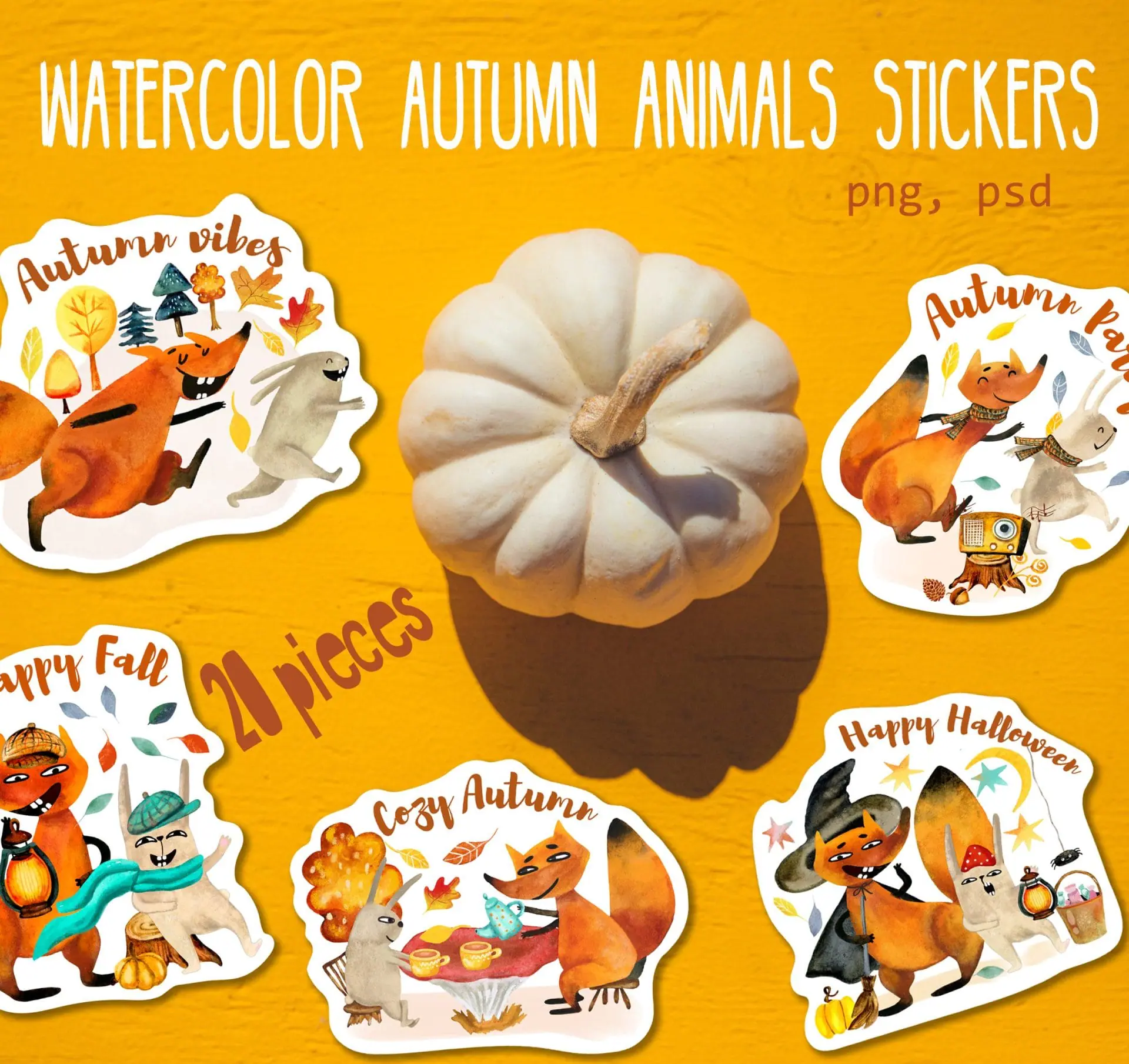 Watercolor autumn funny characters fox rabbit stickers 20 png 1 laptop watercolor stickers autumn