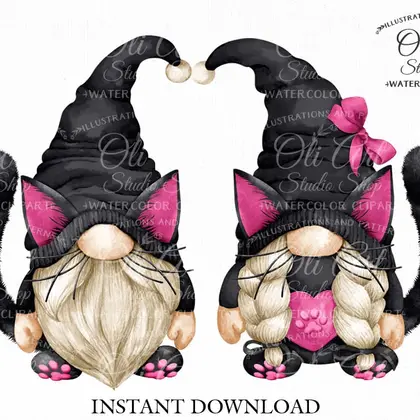 Halloween Black Cat Gnome. Autumn, Fall. Digital clipart