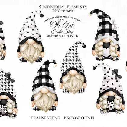 Gnomes clipart png, black and white, сute characters