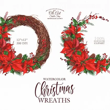 Сhristmas wreath clipart. Watercolor wreaths. Hand Painted