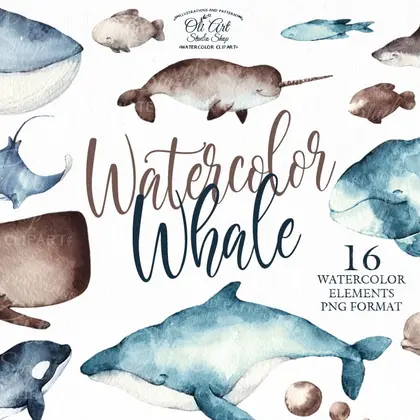 Watercolor Whale Clipart, Underwater creatures clip art