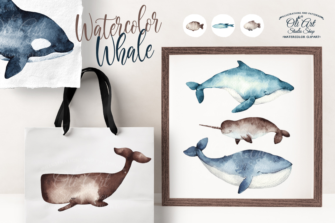 Watercolor Whale Clipart, Underwater creatures clip art 3 Watercolor Whale Clipart, Underwater creatures clip art - Image 3