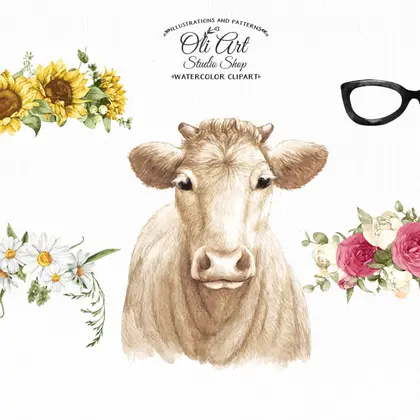 Cow with flowers clipart PNG floral crown cow with flowers glasses