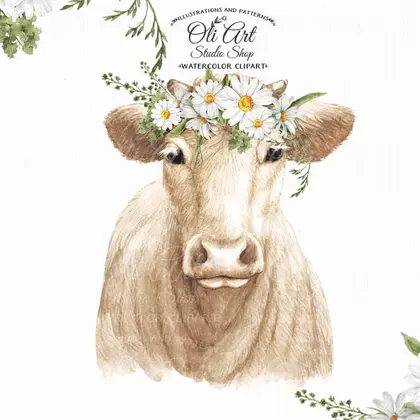 Cow with hamomile clipart PNG, floral crown cow with flowers