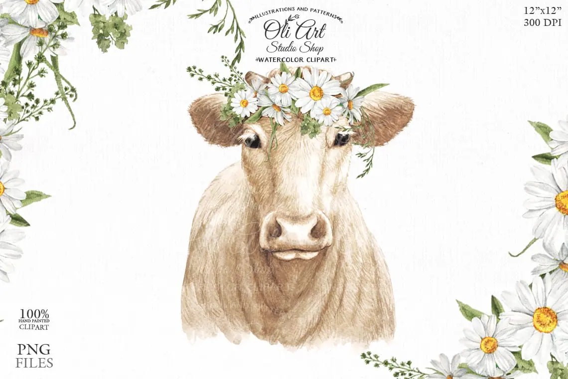 Cow with hamomile clipart PNG, floral crown cow with flowers 1 Cow with hamomile clipart PNG, floral crown cow with flowers