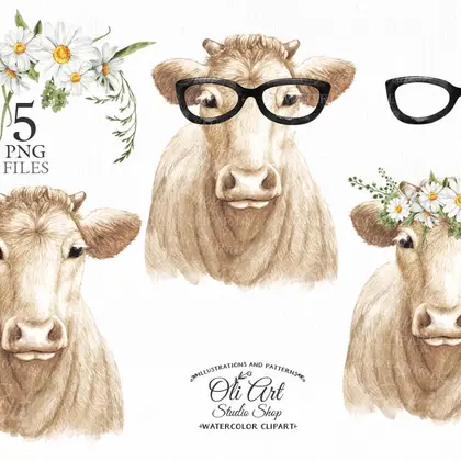 Cow with chamomile clipart PNG, glasses