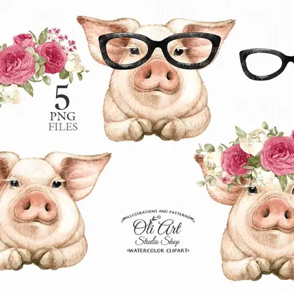 Pink pig with sunflowers clipart PNG, glasses, floral
