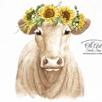 Cow with sunflowers clipart PNG, Heifer