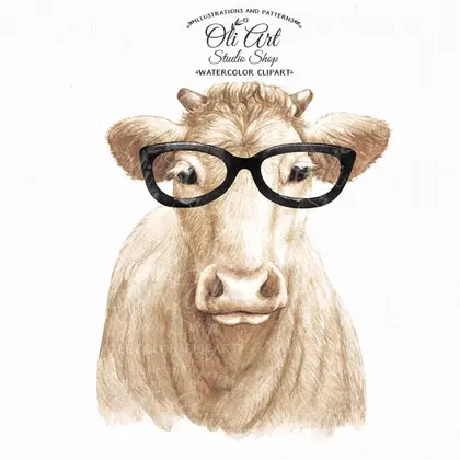 Cow with glasses clipart PNG, cute farm animals