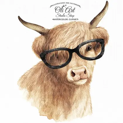 Highland cow with glasses clipart PNG, cute farm animals