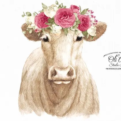 Cow with roses clipart PNG, floral crown cow with flowers