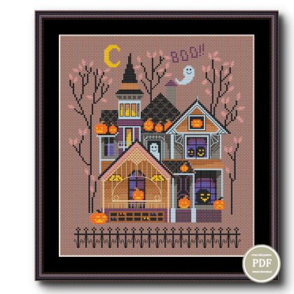 Cross Stitch Sampler Halloween Haunted House