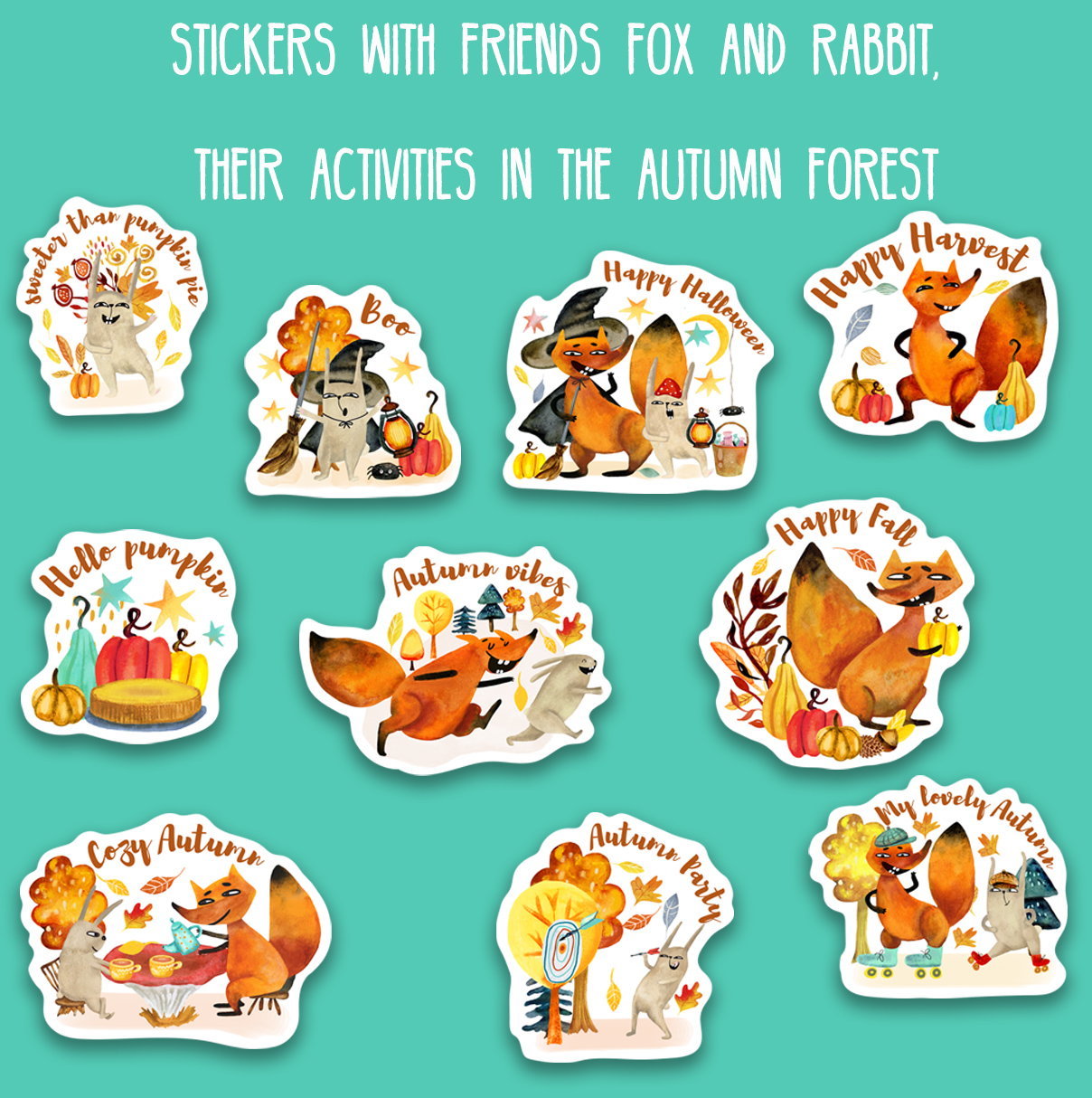 Watercolor autumn funny characters fox rabbit stickers 20 png 6 laptop stickers for college students