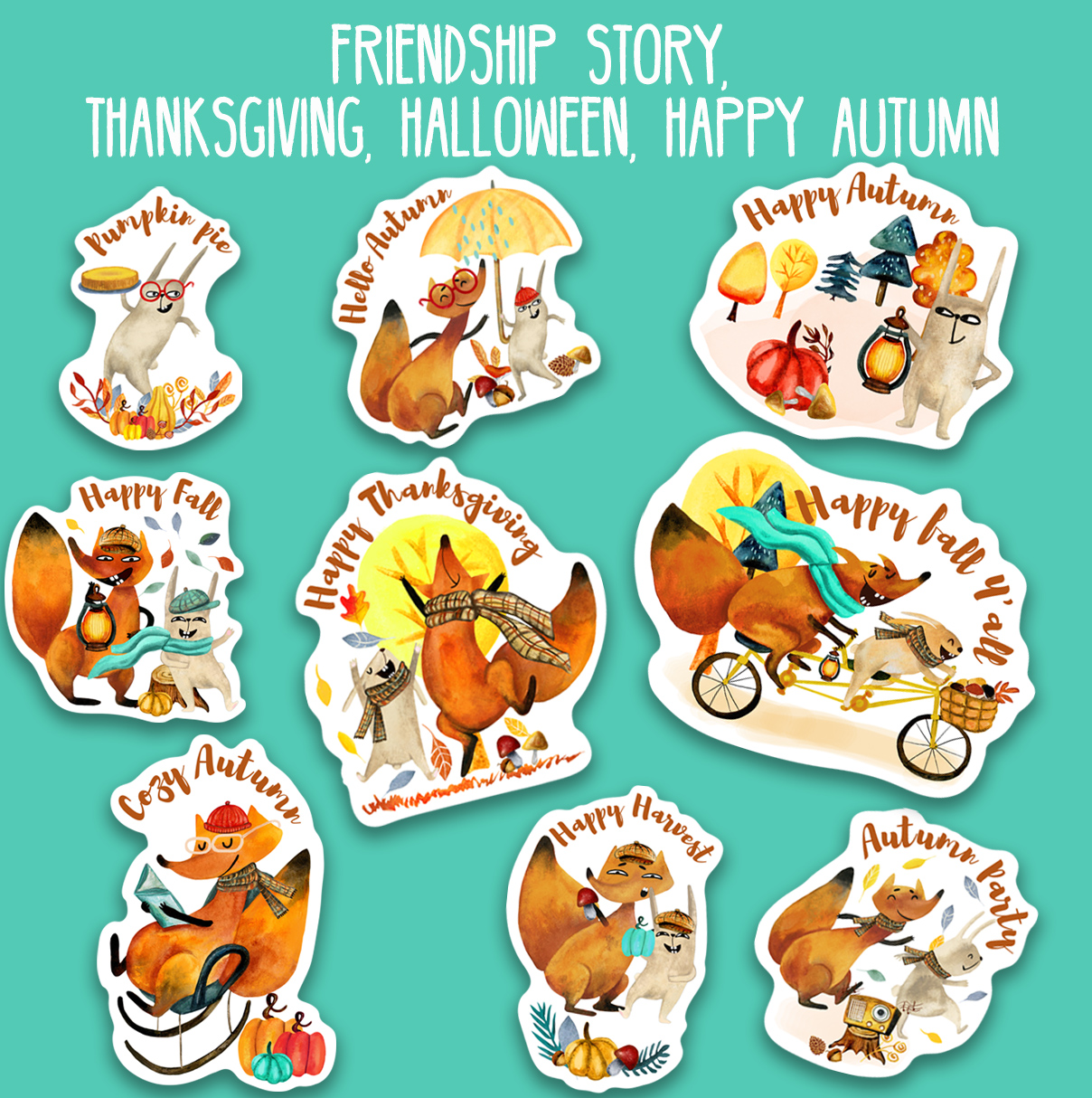 Watercolor autumn funny characters fox rabbit stickers 20 png 7 autumn friends animal story magic