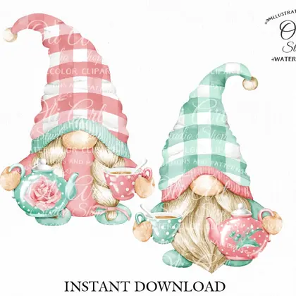 Clipart Tea and gnomes. digital clipart