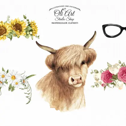 Highland cow with flowers clipart PNG, glasses