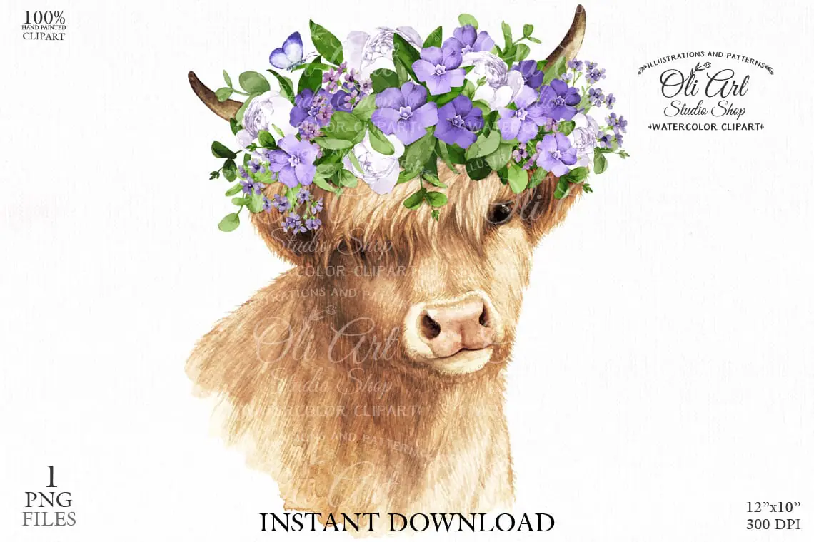 Highland cow with periwinkle flowers clipart PNG 1 Highland cow with periwinkle flowers clipart PNG