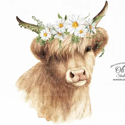 Highland cow with hamomile clipart PNG, floral crown cow flowers