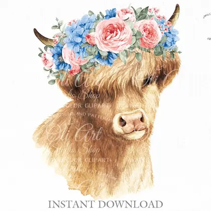 Highland cow with periwinkle flowers clipart