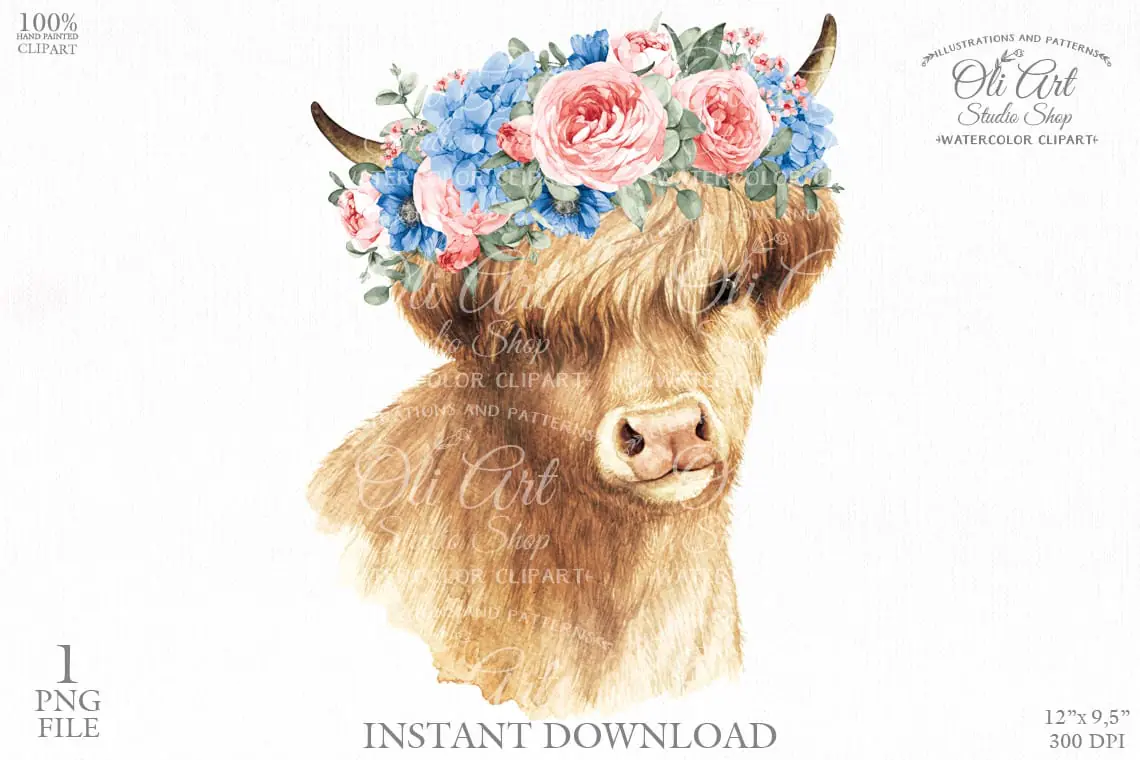 Highland cow with periwinkle flowers clipart 1 Highland cow with periwinkle flowers clipart