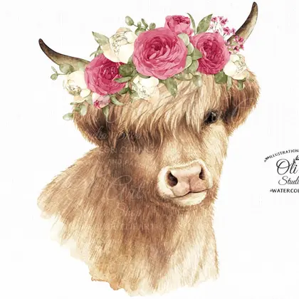 Highland cow with roses clipart PNG, floral crown cow with flowers