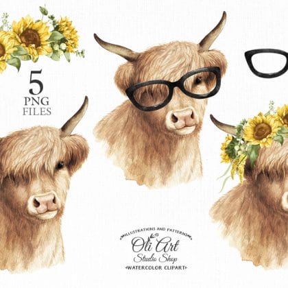 Highland cow with sunflowers clipart PNG