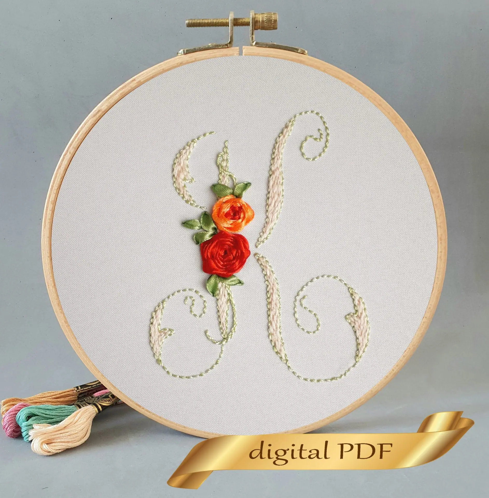 Floral alphabet letter k hand embroidery PDF Ribbon embroidery 1 Floral alphabet letter K
