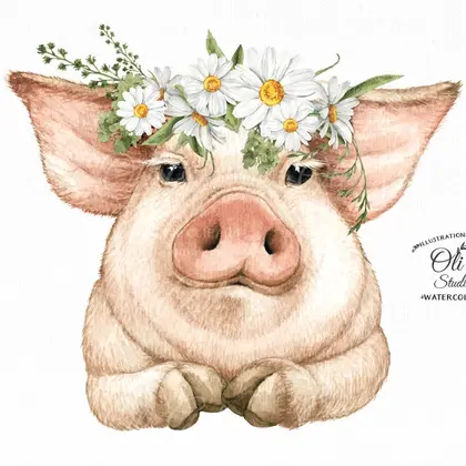 Pig with hamomile clipart PNG, floral crown pig with flowers