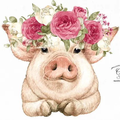Pink pig with roses clipart PNG, floral crown pig with flowers