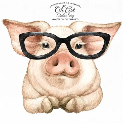 Pink pig with glasses clipart PNG, cute farm animals