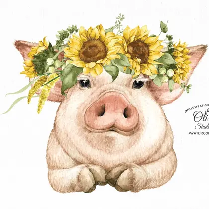 Pig with sunflowers clipart PNG, floral crown pig with flowers