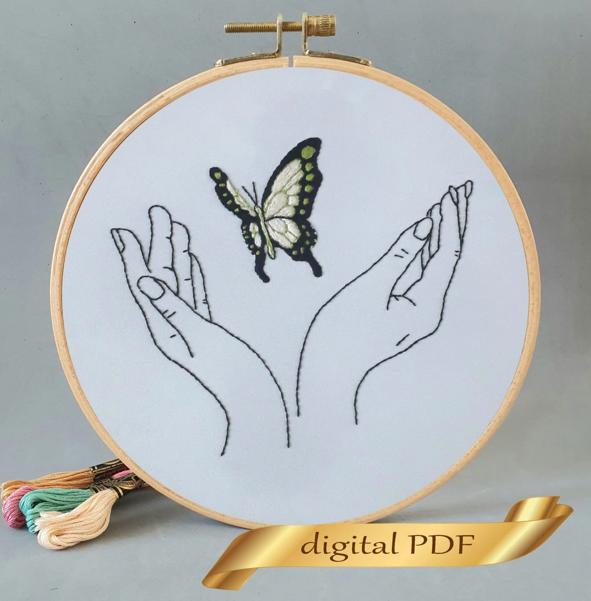 Green butterfly digital pattern nand embroidery DIY 1 Green butterfly hand embroidery