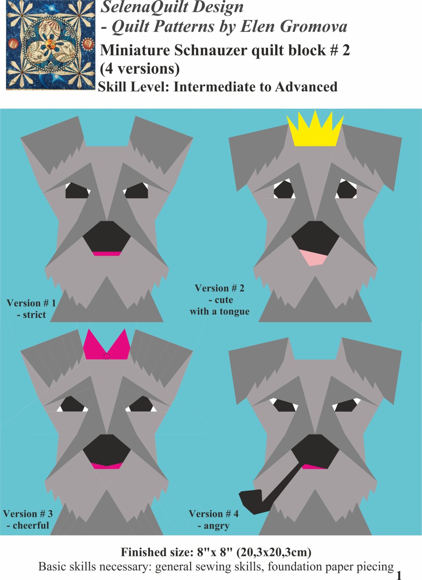 Miniature schnauzer quilt block PDF pattern # 2 Paper Piecing 2 Miniature schnauzer quilt block PDF pattern # 2 Paper Piecing - Image 2