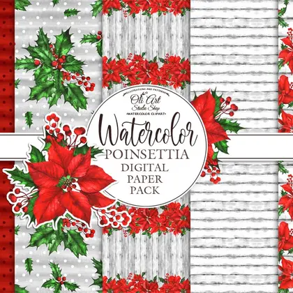 Christmas digital paper pack. Watercolor poinsettia patterns