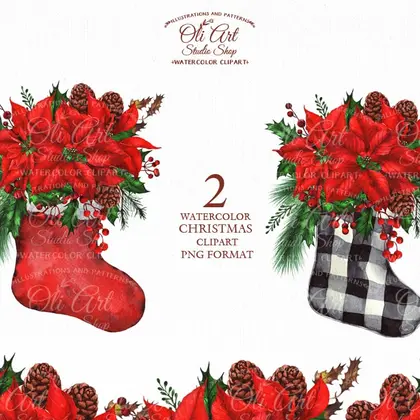 Сhristmas Watercolor clipart. Сhristmas socks. Hand Painted