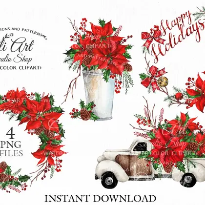Christmas wreath clipart. Poinsettia, truck, winter flowers