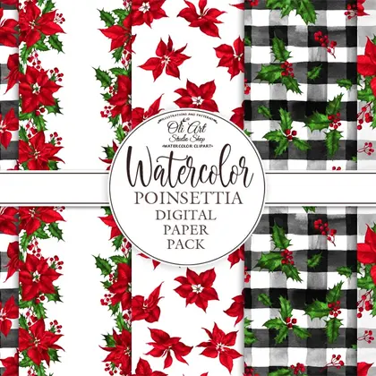 Christmas digital paper pack. Watercolor poinsettia