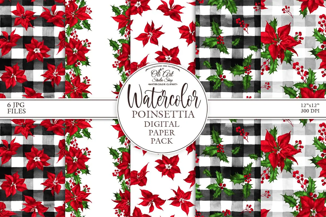 Christmas digital paper pack. Watercolor poinsettia 1 Christmas digital paper pack. Watercolor poinsettia