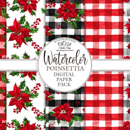 Christmas digital paper pack. Watercolor poinsettia