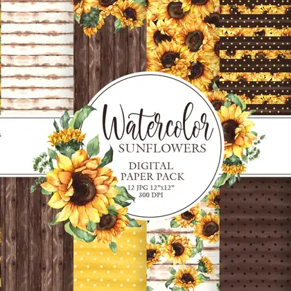 Digital paper pack.Watercolor sunflower clipart backgrounds