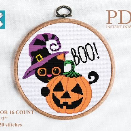 Cute halloween pumpkin and kitten cross stitch