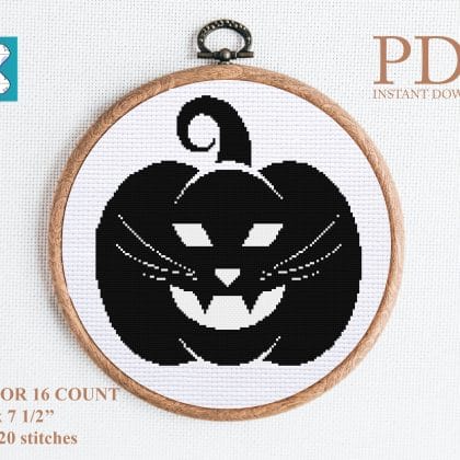 Cute halloween pumpkin cat cross stitch pattern