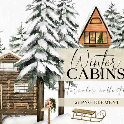 Watercolor winter cabins