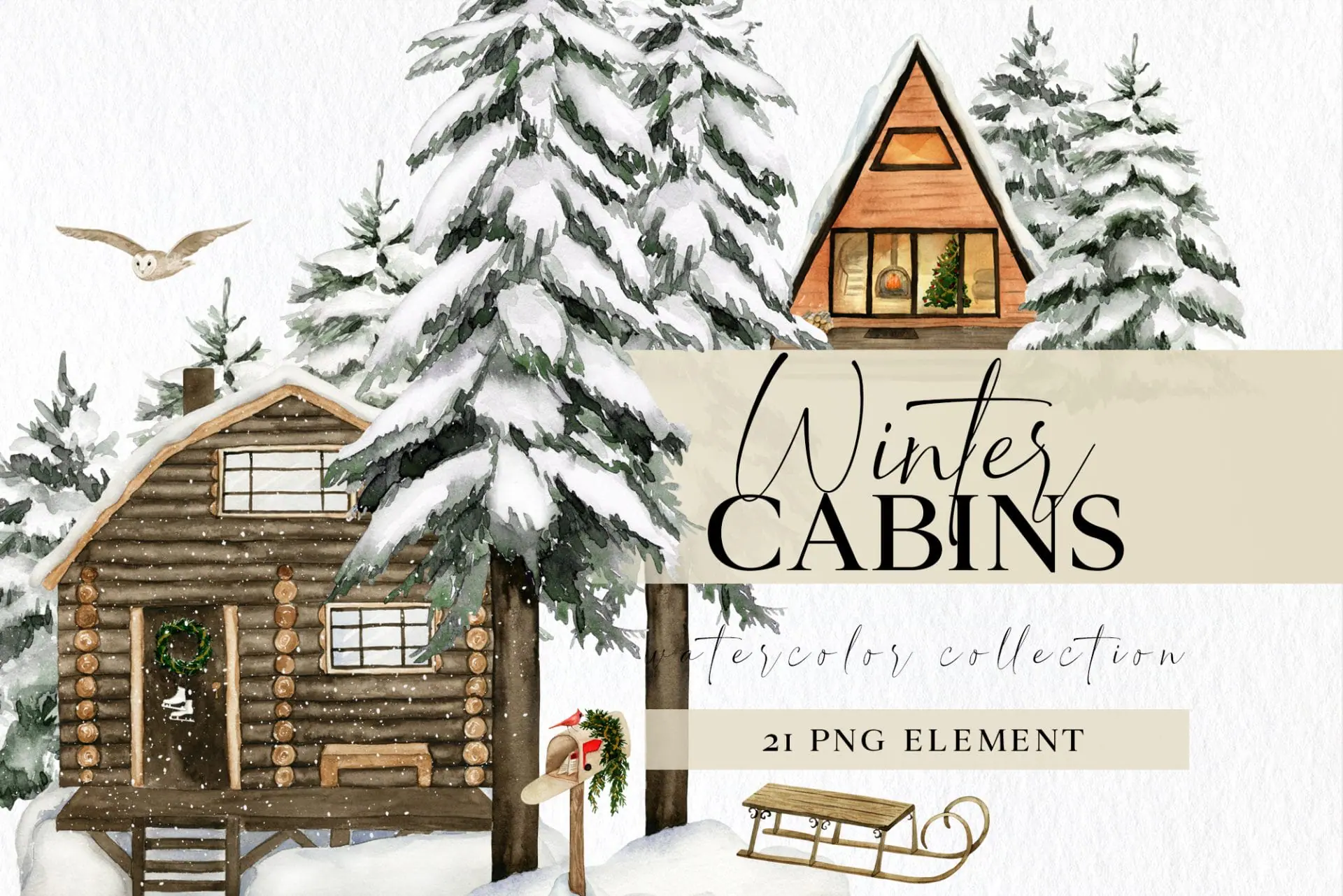 Christmas Forest Cabin Clip Art with Snow Covered Fir Trees 1 Watercolor winter cabins