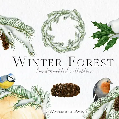 Watercolor Christmas Winter Forest Clip Art