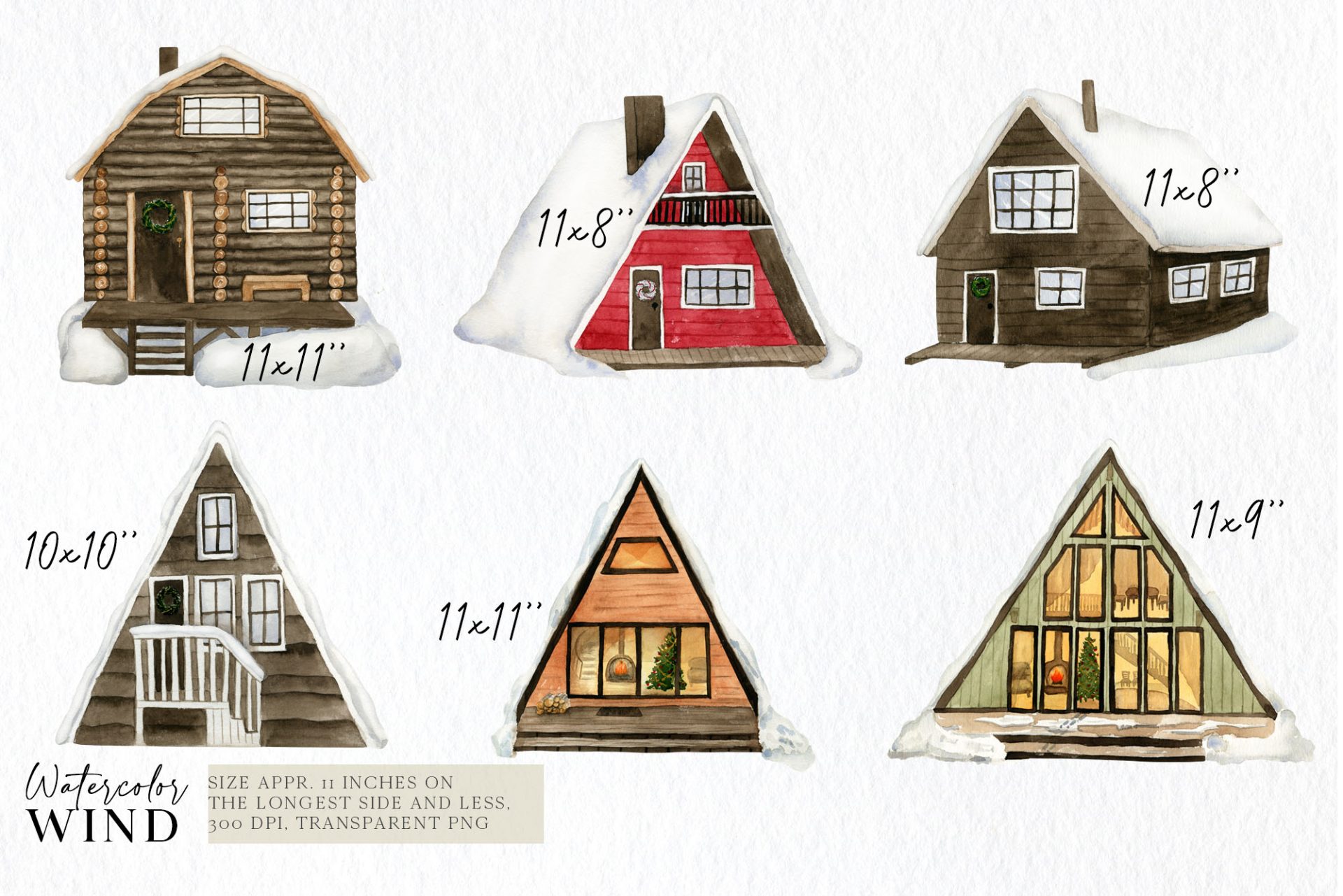Christmas Forest Cabin Clip Art with Snow Covered Fir Trees 2 winter houses